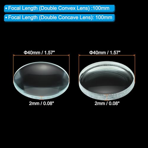 PATIKIL Convex Lens, 100-100mm Focal Length 40mm (1.57") Diameter Round Glass Magnifying Telescope Lens Trial Set Ground Edge for Lab Physics Class Optics, 4 Pcs - size: 100/-100mm FL, 40mm Dia.