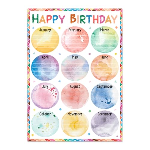 GMEMNOV Classroom Birthday Chart, 11.8 x 16.5 Inch Watercolor Poster - color: Watercolor Birthday Poster