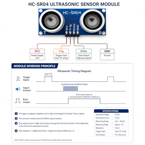 2-Pack HC-SR04P Ultrasonic Distance Sensor Module with 3V to 5.5V Wide Voltage, 2cm–450cm Range, 4-Pin Interface Compatible with Arduino and Raspberry Pi