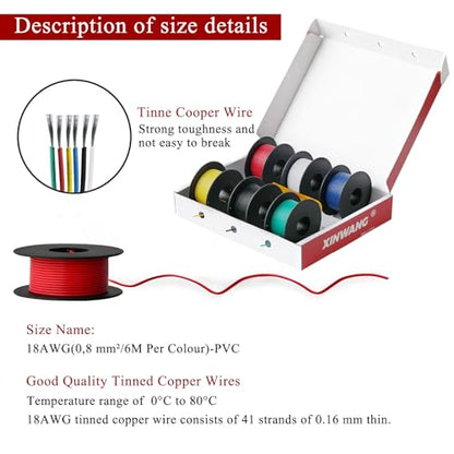 XINWANG 18 AWG PVC Hookup Wire Kit, Tinned Copper, 6 Colors, 20 ft Each - size: 18 AWG (0.75 mm² / 6 M) - PVC