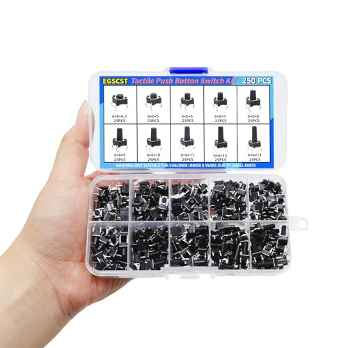 250PCS 10 Values 6x6mm Tactile Push Button Switch Assortment Kit 4 Pins Micro Momentary Tact Pushbutton Switches Set - style: 250 PCS 10 Values