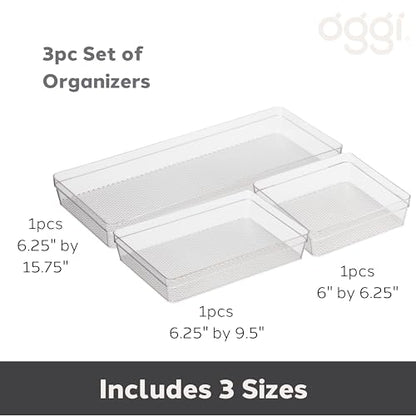 Oggi Set of 3 Clear Drawer Organizers - (1) 6x6.25, (1) 6.25x9.25, (1) 6.25x15.75 - Ideal for Organizing Kitchen Drawers, Office, Desk, Silverware, Kitchen Utensils, Cosmetics and Bathrooms - size: Set of 3