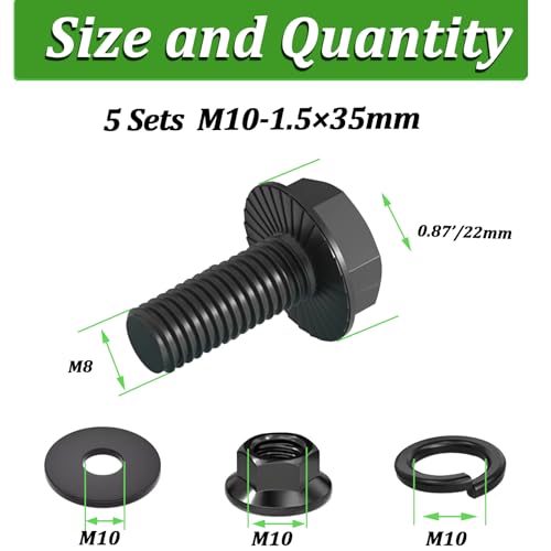 5 Sets M10-1.5 x 35mm Flanged Hex Head Bolts,Flange Nuts,Flat & Lock Washers,10.9 Black Zinc Plated,Full Thread,Alloy Steel - color: Black-flange, size: M10-1.5 x 35mm(5 sets)