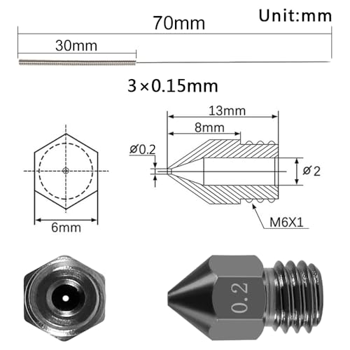Aokin 3 Pcs 0.2mm Hardened Steel Nozzles MK8 Nozzles 3D Printer Nozzles and 3 Pcs 0.15mm Stainless Steel Nozzle Cleaning Needles for Creality Ender 3/3 Pro/3 V2, Ender 5/5 Pro, CR-10/10S, Makerbot - color: 0.2mm