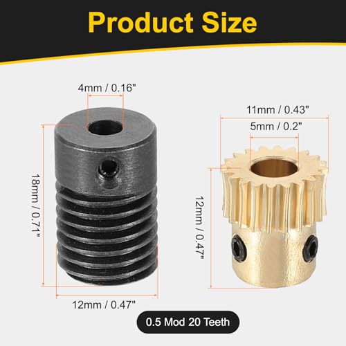 uxcell Worm Gear Set 20T 0.5 Module 20:1 Reduction Rate, Right Rotation Drive Gear Box Wheel Reduce Transmission Part (Brass Gear-5mm Bore, #45 Steel Rod 4mm Bore) - size: Gear-5mm, Rod-4mm Bore, style: 0.5M-20T