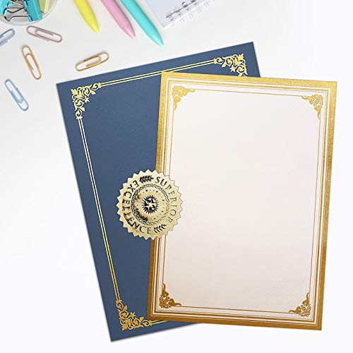 SUNEE 75pcs Certificate Kit, 25pcs Navy Blue Certificate Holders & 25pcs Letter Size Certificate Papers & 25pcs Gold Foil Award Seals for Diploma, Award, Accomplishment - color: Navy Blue
