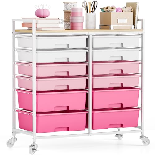 TOOLF 12 Drawers Rolling Storage Cart with Wooden Top for Classroom,Pink - color: Gradient Pink