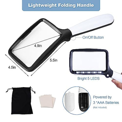 Folding Handheld Magnifying Glass with Light, 3X Large Rectangle Reading Magnifier with Dimmable LED for Macular Degeneration Seniors Reading Inspection Coins Jewelry