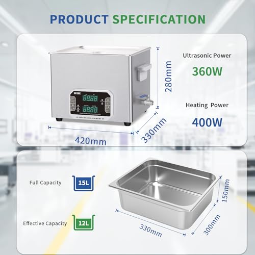 DK SONIC Professional Ultrasonic Cleaner 15L, 360W Heavy-Duty Sonic Cleaner with Timer,Heater&Touch Control, Multi-Application for Motorcycle Engines, Carburetors, Chains (Include Basket) - size: 15L