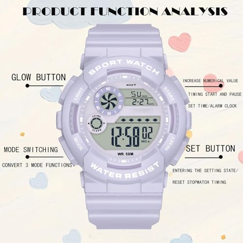 findtime Digital Watch Womens Sport Waterproof White Wrist Watches for Women with Alarm Stopwatch Hourly Chime LED Display 12H/24H Calendar - color: Purple