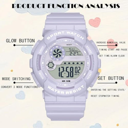 findtime Digital Watch Womens Sport Waterproof White Wrist Watches for Women with Alarm Stopwatch Hourly Chime LED Display 12H/24H Calendar - color: Purple