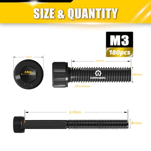 M3x35mm Screws 180pcs Hex Socket Cap 12.9 Steel Black Zinc Half Thread - size: M3*35mm 180pcs