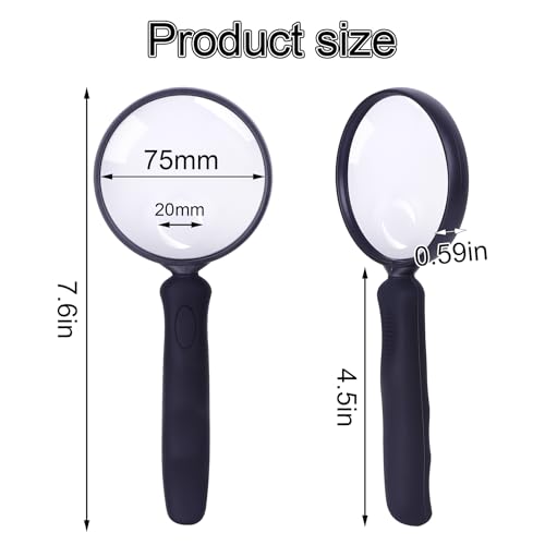 Lakei 10X Handheld Reading Magnifier Glass, Non-Slip Handle,75mm(Black) - color: Black, size: 75mm