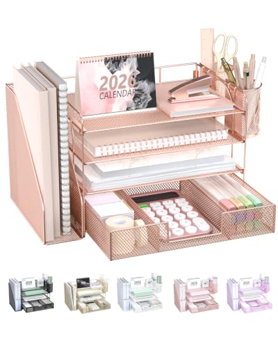 WALI Desk File Organizer, 4 Tier Desktop Paper Letter Tray Organizer with Drawer and 2 Pen Holders, Office Desk Accessories & Workspace Organizers for Office, Home, School Supplies, 1 Pack, Rose Gold - color: Rose Gold, size: 4-Tier