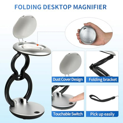 10X Lighted Magnifying Glasses for Close Work, Compact Foldable Magnifier for Reading Fine Print, Miniatures, Coins, Jewelry - size: 60mm