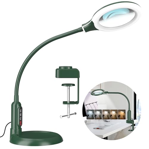 10X Magnifying Glass with Light and Clamp, 5 Color Modes Stepless Dimmable Lighted Magnifier with Stand, Flexible Gooseneck LED Desk Lamp Hands Free for Craft Painting Hobby Close Work - Green - color: Green, size: 10X