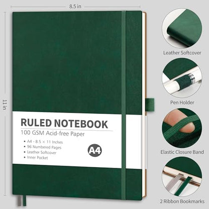RETTACY Lined Journal Notebook, 96 Numbered Pages, A4 Size (8.5'' x 11'') - color: Dark Green, style: Lined