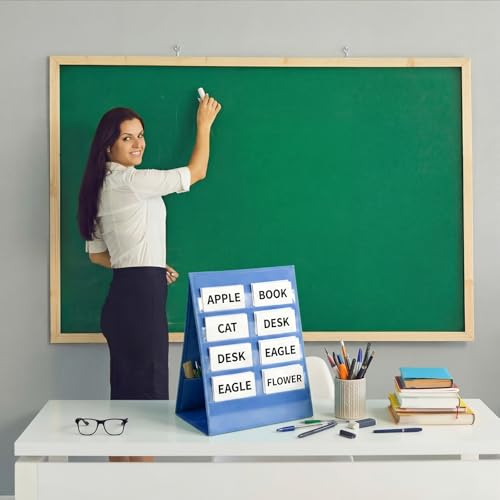 Tabletop Pocket Chart 13 x 17 Inch 600d Oxford Fabric Double Sided Pocket Chart Stand with 5 Straps Foldable Organizer Sticker Display Stand for Classroom, Home, Office (Gray Blue) - color: Gray Blue