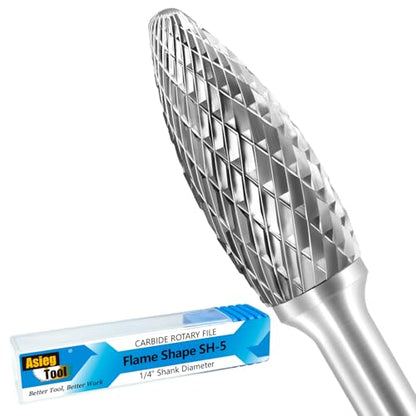 SH-5 Tungsten Carbide Burr Rotary File Flame Shape Double Cut with 1/4''Shank for Die Grinder Drill Bit - style: SH-5