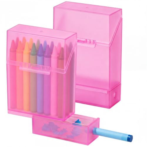 Clabby 2 Pcs 2 in 1 Plastic Crayon Box with Sharpener Holds 24, Pink - color: Pink