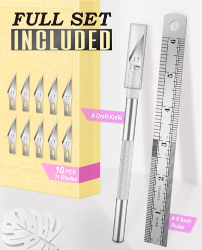 1 Pcs Craft Knife Hobby Knife with 11 Pcs Stainless Steel Blades Kit, 1pcs Steel 15MM Ruler for Art, Scrapbooking,Stencil - color: Silver-11pcs