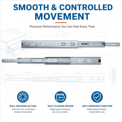 Rok Hardware 20" Heavy Duty Full Extension Ball Bearing Drawer Slides, 200 lb Capacity, Side Mount Drawer Runners with Quick Release, Self Closing Drawer Slides for Cabinets -HDS20-200 - size: 20 Inch