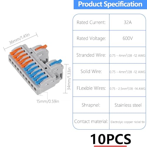 10PCS Lever Wire Connectors, 2 in 10 Out Quick Wire Connectors, Electrical Lever Nuts Wire Connectors Push-in Conductor Terminal Block AWG 28-12 - color: 10pcs 2 in 10 out