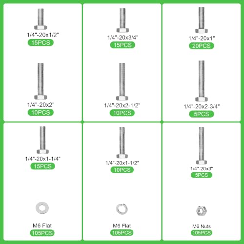 420 Pcs 1/4"-20 UNC Stainless Steel Hex Head Screw Kit - size: 1/4-20 -420Pcs