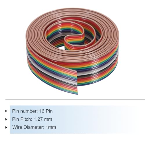 MECCANIXITY 1 Pcs 16 Pin Flat Rainbow Ribbon Cable 6.6 Ft 1.27mm Pitch Breadboard Jumper Wires for Electronic Projects - size: 6.6 Ft, style: 16P
