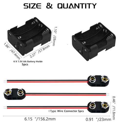 WMYCONGCONG 5 Pack 6 x 1.5V AA Battery Holder with I Type Wired Battery Clip Standard Snap Connector (6AA) for Arduino RC LED Strips