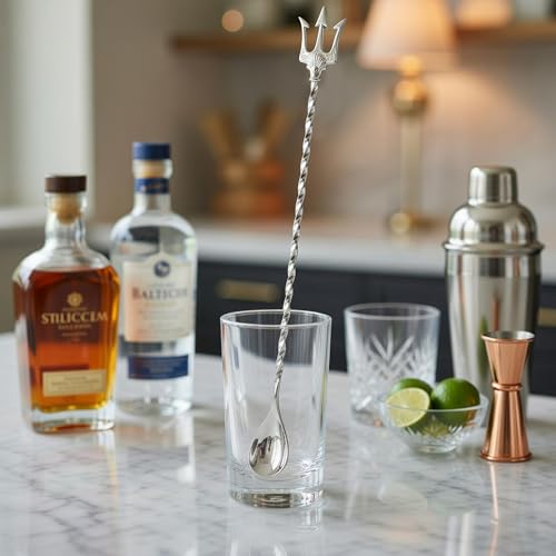 Homestia Bar Spoon, 12'' Stainless Steel Cocktail Spoon, Trident Handle End - color: Trident 12" + Silver