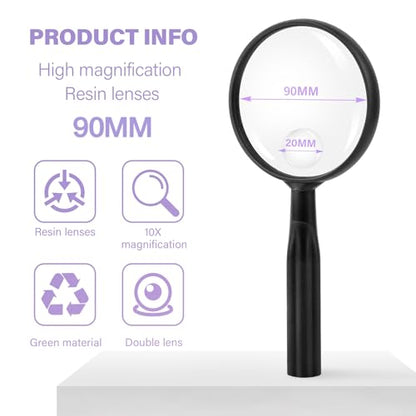 Lakei 10X Handheld Reading Magnifier Glass, Non-Slip Handle,90mm(Black) - color: Black, size: 90mm
