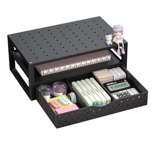 WALI Desk Organizer with Drawer，Computer Monitor Stand with Storage, Desk Organizers and Accessories for Computer, Printer, Laptop Riser for Home Office Supplies, (PTT005-B), 1 Pack, Black - color: Black, size: 2-Tier