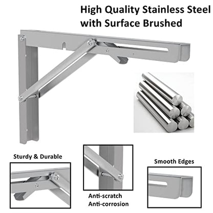 MySit 16" Folding Shelf Brackets 4 PCS, Max Load 550lb Heavy Duty Stainless Steel DIY Collapsible Wall Mounted L Shelf Bracket Space Saving for Table Work Bench (Pack of 2) - size: 16 Inch (Pack of 2)