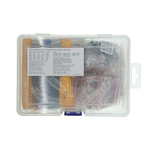 7 Kinds Electronic Component Kit Total 1200 Pcs,3MM LED Diodes,5MM LED Diodes,Metal Film Resistors, Electrolytic Capacitor Package, Common Diodes, Ceramic Capacitors, Common Transistor Assortment Box