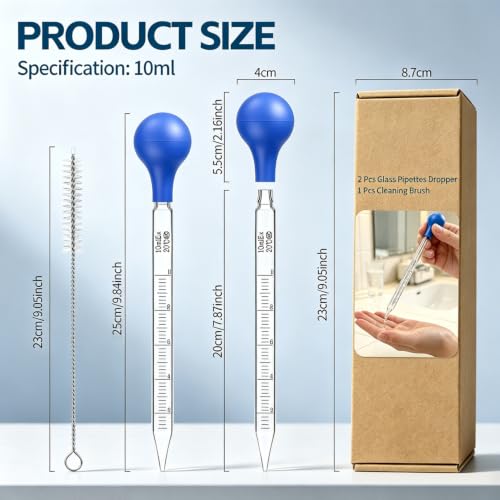 2 Pcs Glass Pipettes Dropper, 10ml Graduated Glass Pipette, Liquid Droppers with Cleaning Brush, Liquid Transfer Pipette for Essential Oil, Laboratory Use