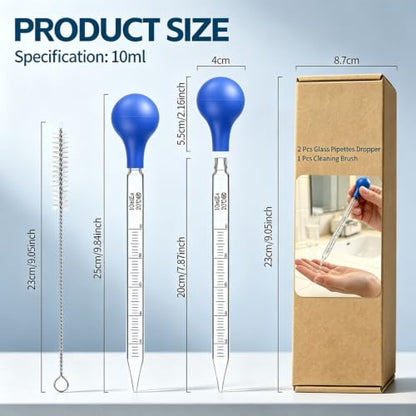 2 Pcs Glass Pipettes Dropper, 10ml Graduated Glass Pipette, Liquid Droppers with Cleaning Brush, Liquid Transfer Pipette for Essential Oil, Laboratory Use