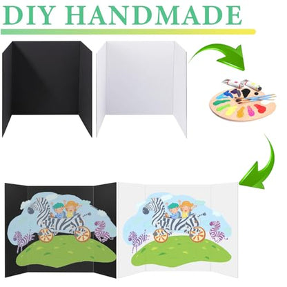 4-Pack Trifold Display Boards, Black+White 24 x 16 Inches Tri-Fold Corrugated Presentation Boards for Classroom Projects, Science Fairs, Business Events, and Exhibits