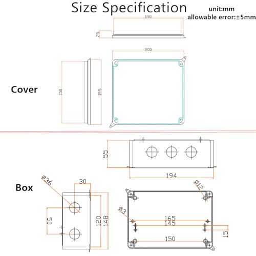 Outdoor Waterproof Box,Junction Box Reserved Holes IP65 ABS Plastic Electrical Boxes Power Cord Enclosure Project Box Black Outer Size 7.9 x 6.1 x 3.1 inch(200x155x80mm) - size: 7.9" x 6.1" x 3.1"