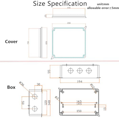 Outdoor Waterproof Box,Junction Box Reserved Holes IP65 ABS Plastic Electrical Boxes Power Cord Enclosure Project Box Black Outer Size 7.9 x 6.1 x 3.1 inch(200x155x80mm) - size: 7.9" x 6.1" x 3.1"