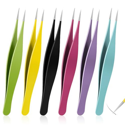 Salbsever 6-Piece Needle Nose Tweezers - Precision Fine Point Tip - Stainless Steel - Blackhead Remover for Nose, Facial Hair & Eyebrow