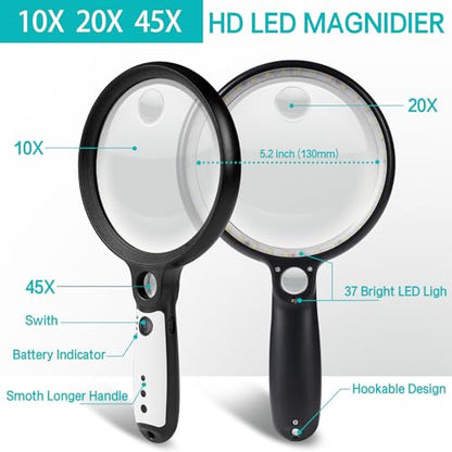 Large Magnifying Glass with 37 LED Light, 10X 20X 45X Handheld Illuminated - color: Black & White, size: Magnifier with Light (No Case)