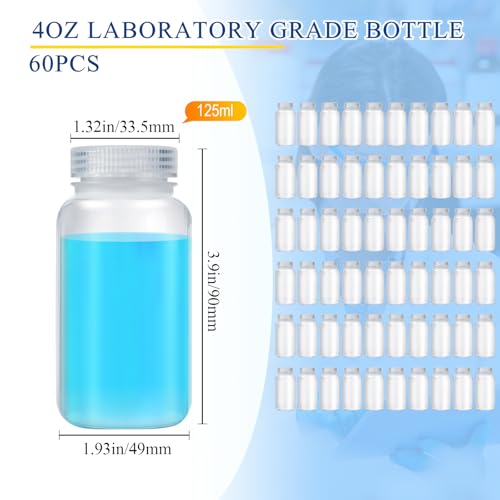 Tatuo 60 Pcs 4 oz 125ml Polypropylene Reagent Bottle Plastic Sample Bottles with Screw Caps Transparent PP Sample Containers with Lid for Liquids, Laboratory, Storage at Home (Clear) - color: Clear, size: 4 oz 125ml