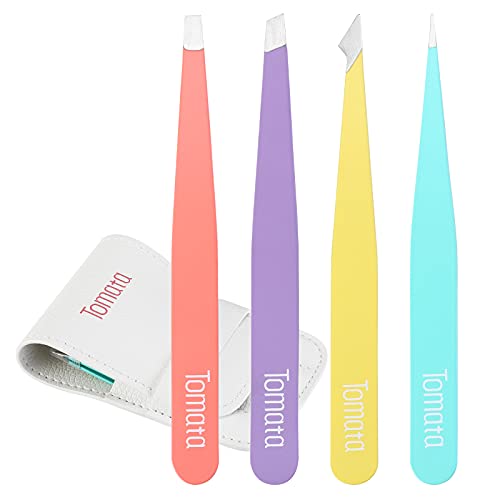 Tomata Tweezers for Eyebrows, Slant Tip and Pointed Eyebrow Tweezer Set Great Precision for Eyebrows Facial Hair, Ingrown Hair, Splinter, Blackhead and Tick Remover (4-piece) (Multi-color) - color: Multi-color