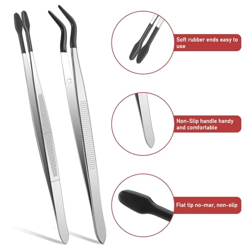 Rubber Tipped Tweezers, 2 Pcs PVC Coated Precision Tweezers Hobby Craft Tweezers Set, Long Bent and Straight Flat Tip Tweezers for Crafts Stamps Coin Beads Jewelry Industrial Electronic Lab (Black) - color: Black