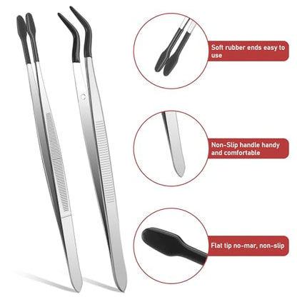 Rubber Tipped Tweezers, 2 Pcs PVC Coated Precision Tweezers Hobby Craft Tweezers Set, Long Bent and Straight Flat Tip Tweezers for Crafts Stamps Coin Beads Jewelry Industrial Electronic Lab (Black) - color: Black