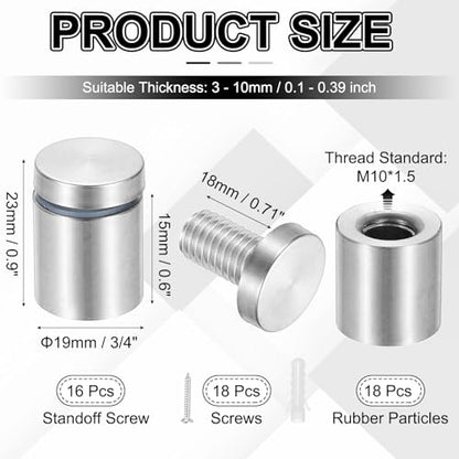 PATIKIL 3/4x0.79" Standoff Screws, 16 Pack Stainless Steel Stand Off Wall Mounts Wall Sign Mounting Hardware Advertising Standoff Nail for Hanging Acrylic Signs Picture Frame, Silver - size: 3/4x0.79"
