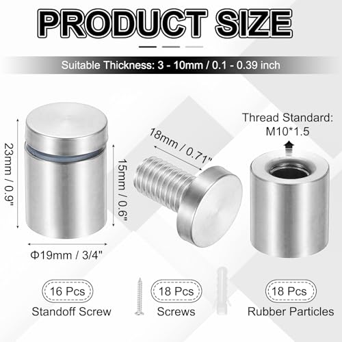 PATIKIL 3/4x0.79" Standoff Screws, 16 Pack Stainless Steel Stand Off Wall Mounts Wall Sign Mounting Hardware Advertising Standoff Nail for Hanging Acrylic Signs Picture Frame, Silver - size: 3/4x0.79"