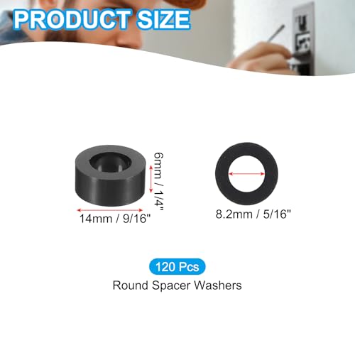 PATIKIL 120Pcs M8 ABS Spacers 5/16" ID x 9/16" OD x 1/4" L Plastic Round Spacer Washers Black Standoff Nut Unthreaded for M8 or 5/16 inch Screws Bolts Electrical Outlet - size: 5/16" ID x 9/16" OD x 1/4" L