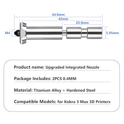 Upgraded Integrated 0.4mm Nozzle for Anycubic Kobra 3 Max, Fully Titanium Alloy Throat Tube Quick Swap Hardened Steel Nozzle High Speed Hot End Nozzle for Kobra 3 Max 3D Printer, 2PCS - color: Upgraded 0.4mm Nozzle